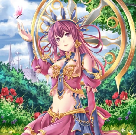 Milady - princess, anime girl, crown, field, art, golden, grass, lady, long hair, royalty, goddess, nature, butterfly, forest, beautiful, pink, sweet, dress, woman, nice, beauty, sky, trees, female, tiara, fantasy, pretty, clouds, green, anime, cute, maiden, girl, pink hair, lovely, blue