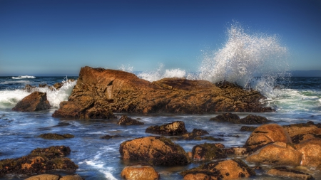 fantastic waves on a rocky shore - spray, shore, sea, waves, rocks