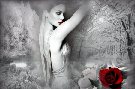 RED ROSE - female, lips, red, snow, winter, flowers, rose