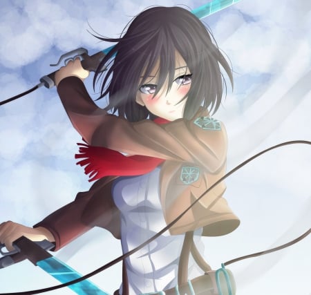 Mikasa - mikasa ackerman, girl, female, emotional, scarf, mikasa, anime girl, shingeki no kyojin, blade, attack on titan, dark, anime, weapon, serious, sword, short hair