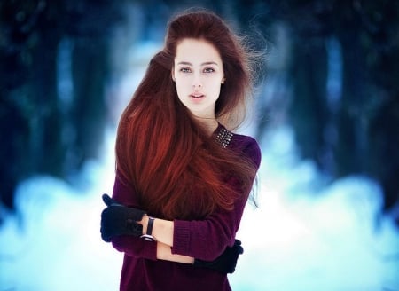 Beautiful  Face - woman, beauty, female, peaceful, winter, red hair, model, face, romantic, cold, portrait