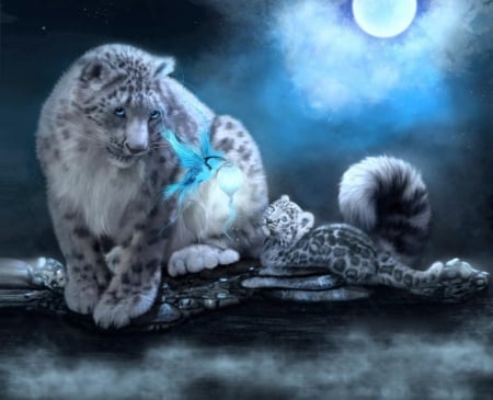 SNOW LEOPARDS FANTASY - moon, stars, sky, animals, night, bird, leopards, cats, blue