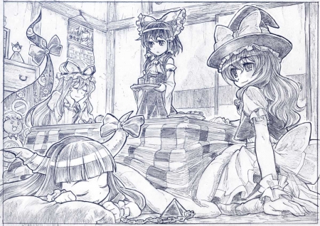 Sleep Tight Ibuki Suika - sketch, anime, chain, hats, food, bows, table, horns, drink, sleep, touhou, ibuki suika, friends, kirisame marisa, yakumo yukari, hakurei reimu