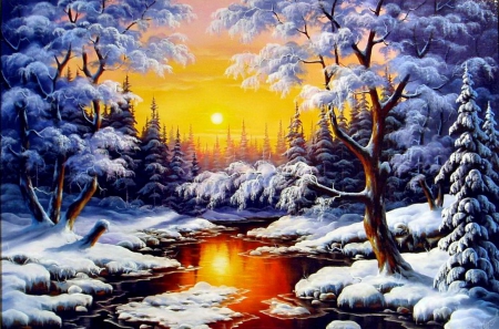 Winter morning in forest - creek, snow, sunrise, forest, reflection, shore, frost, art, trees, winter, beautiful, snowy, pond, sunshine, morning, lovely, glow, river, ice, frozen, nature, painting