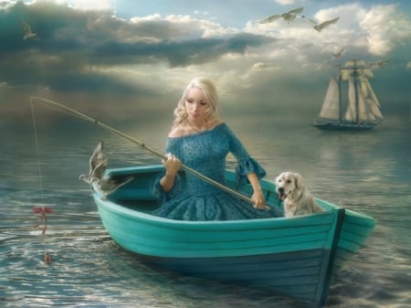 Roll your Boat - woman, serene, girl, wallpaper, lovely, fantasy, art, romantic, beautiful, dog, digital, cute, boat