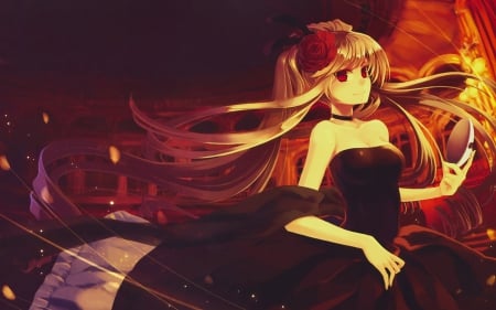 Beauty - pretty, anime, female, dress, blonde, light, long hair, flowers, black dress, nice, anime girl, red rose, beautiful, pixiv fantasia, beauty, sweet, masks, red eyes, smile, rose, feathers