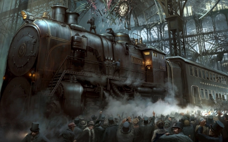 Steampunk Railways - train, locomotive, station, art, steampunk, steam, hall, large