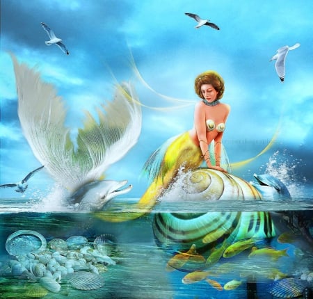 ~La Sirene Des Dauphins~ - photomanipulation, shells, flying birds, fantasy, underwater, creative pre-made, fins, cool, digital art, fishes, blue dreams, softness beauty, dolphins, tail, la sirene des dauphins, weird things people wear, backgrounds, mermaid, colors, sea, the siren dolphins