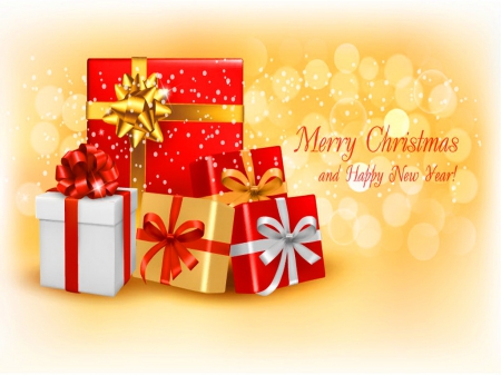 Holiday greetings - red, gifts, gold, bows, christmas