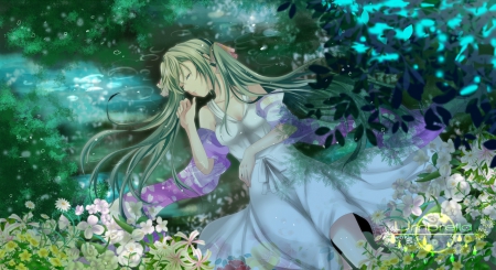 ~Umbrella~ - anime, vocaloid, water, dress, hatsune miku, lovely, long hair, flowers, rain, ponytails