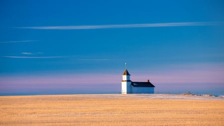 chapel on the plains - fields, sky, plain, chapel