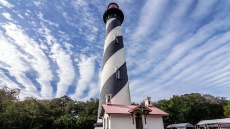 striped lighthouse and sky in florids - sky, lighthouse, trees, clouds