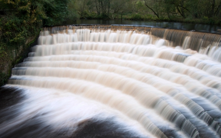 Weir at Etherow Park, England - weir, england, trees, waterfall