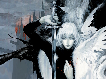 Castelvania - sword, pretty, vampires, blood, beauty, beautiful, game, dark, anime, night, art, wings, videogme, castle