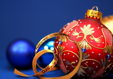 Merry Christmas!♥ - christmas, glow, globes, blue, red, ornaments, ribbon