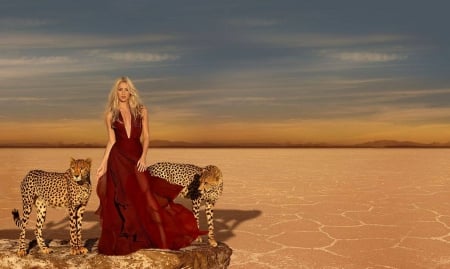 Shakira and Cheetahs - gown, shakira, female, desert, beautiful, photography, dress, singer, girl, photoshoot, beauty, 2013, red, woman, Cheetahs, wallpaper