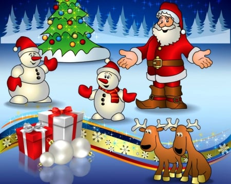 Christmas time - santa claus, christmas tree, gift, snowman, ice, deer, christmas