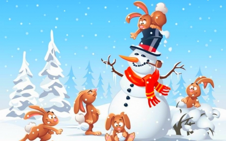 Snowman - rabbit, snowman, winter, snow, Christmas