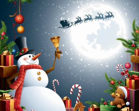 Snowman - snowman, moon, sleigh, candy cane, gifts