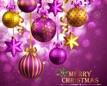 Merry Christmas - bokeh, balls, stars, purple, words, christmas