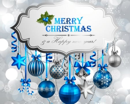 Merry Christmas - message, balls, ribbon, stars, Christmas