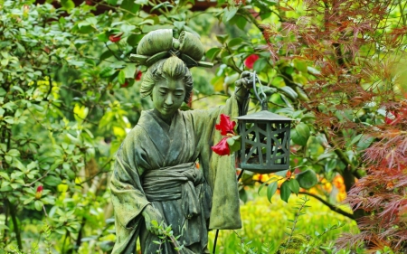 Geisha with a lantern - germany, red, green, geisga, statue, park, lantern