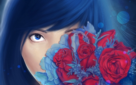 Rose - woman, girl, bouquet, eye, fantasy, rose, red, blue, flower