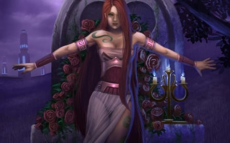 Lilith - candle, girl, lilith, night, pink, fantasy, redhead, purple, woman, rose