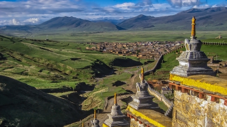 litang town and monastery in sichuan china - valley, town, mountains, monastery