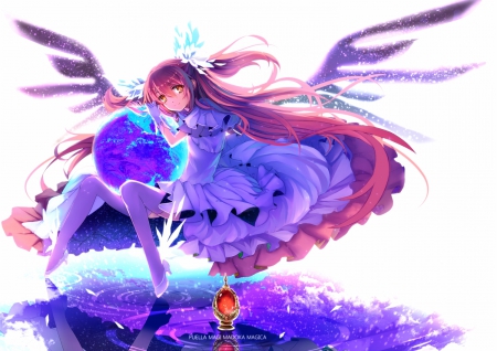 Madoka - pretty, anime, magic, female, planet, dress, long hair, goddess, puella magi madoka magica, nice, pink hair, yellow eyes, anime girl, beauty, sweet, madoka, fantasy, smile, lights, wings, cute