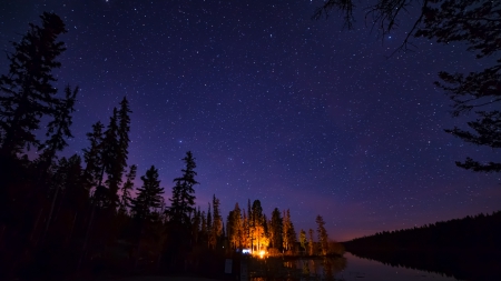 campfire under gorgeous stars at roche lake canada - lake, night, forest, stars, campfire