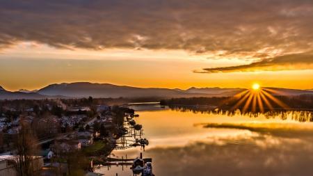 wonderful sunset on riverfront in pitt meadows canada - clouds, river, sunset, docks, town