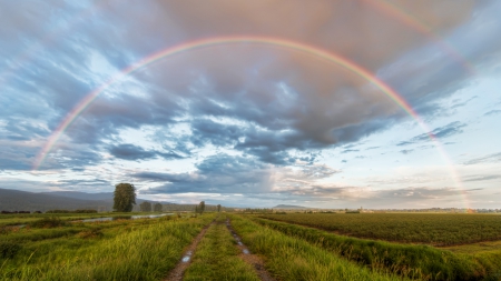 gorgeous rainbow in british columbia - fields, rainbow, clouds, river