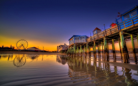 Old Orchard Beach Pier, Maine - ferris wheel, pier, sunset, usa