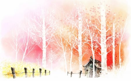 Cabin In The Woods - colorful, white trees, forest, cabin