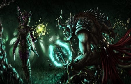 Elf VS Beastman - elf, female, magic, beastman, knifes