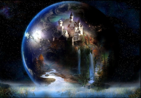 The Paradise World - globe, trees, waterfalls, light, river, fantasy, world, paradise, castle