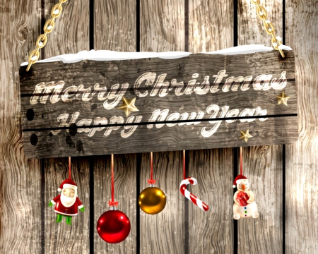 Merry Christmas & a Happy New Year - hanging, message, balls, decor, wood, Christmas