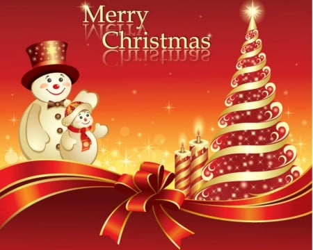 Merry Christmas - snowman, christmas tree, ribbon, christmas