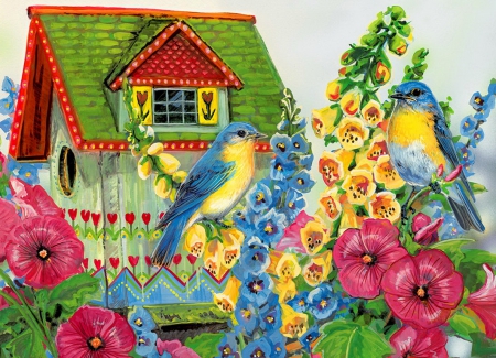 Cozy birdhouse - pretty, house, birds, beautiful, cozy, lovely, birdhouse, flowers, colorful, painting, nice, art