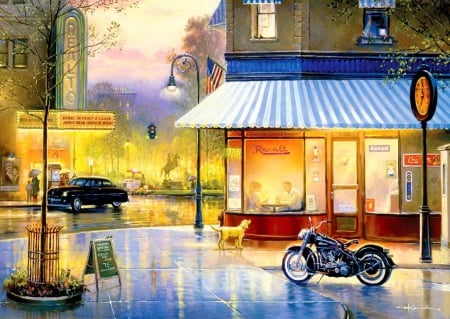 American classic - street, movie, bike, cinema, painting, reflections, art, evening, car, dog, america, classic, light, rain, shop, village, restaurant, town, beautiful, market