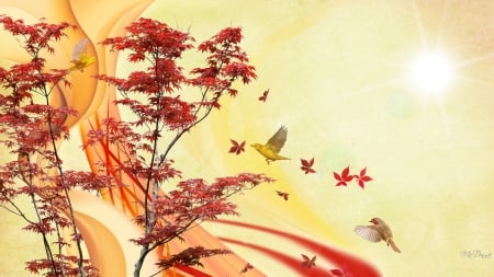 Fall on Fire - autumn, sunshine, silk, fire, gold, flame, fall, maple, flowing, leaves, orange, ribbon, tree, birds