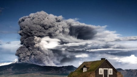 eyjafjallajokull volcano eruption in iceland - eruption, volcano, mountain, cottage