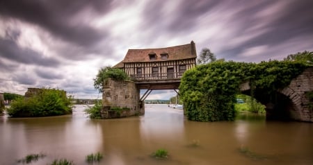 old mill on the broken bridge in vernon france - clouds, river, mill, broken, plants, bridge