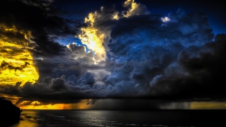 magnificent rain cloud off shore in bali indonesia - clouds, rain, sea, dark, sun, sky