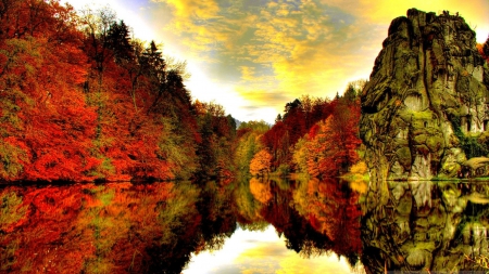 Lake Reflection - autumn, lake, fall, trees, reflection, woods, clouds, water