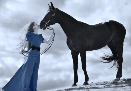 Blue friendship - blue, dress, girl, friends, horse