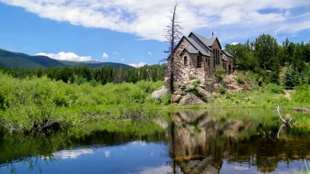 lovely church by a lake in allenspark colorado - sky, lake, forest, church, rocks