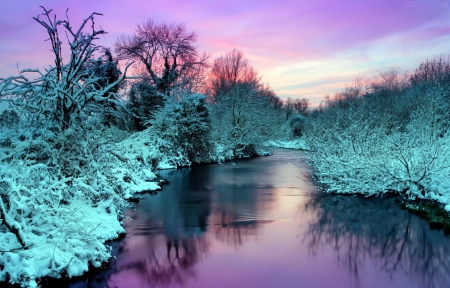 Winter Reflections - sky, trees, snow, water, sunset