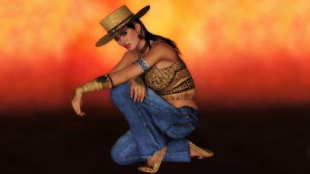 Aussie - pretty, women, beautiful, brunette, cowgirl, fantasy, hat, female, cgi, colors, jeans